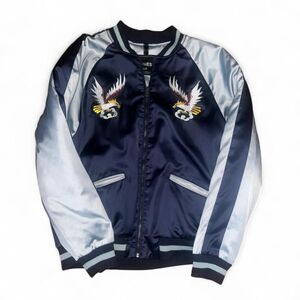 Express Men's Navy Satin Embroidered Bird Phoenix Varsity Bomber Jacket SZ L